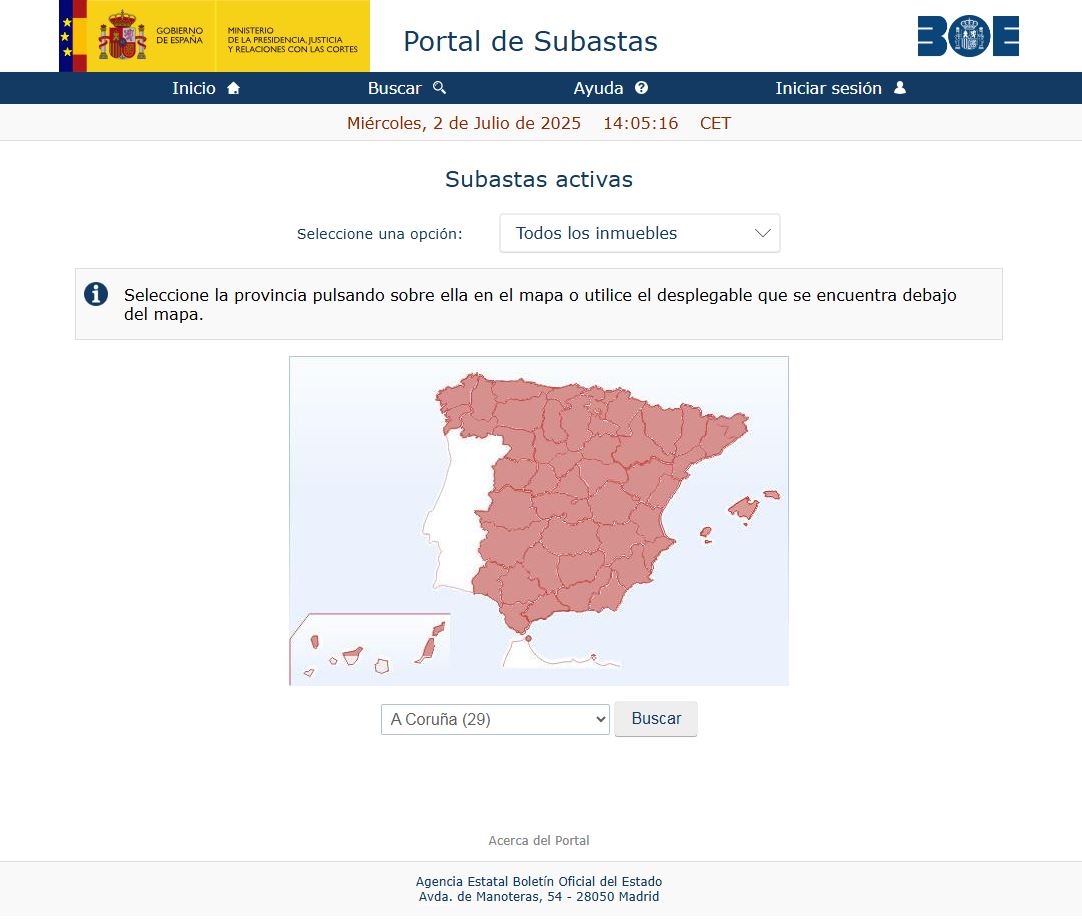 Captura de pantalla de la interfaz del Portal de Subastas del BOE donde se puede buscar y pujar por bienes.
